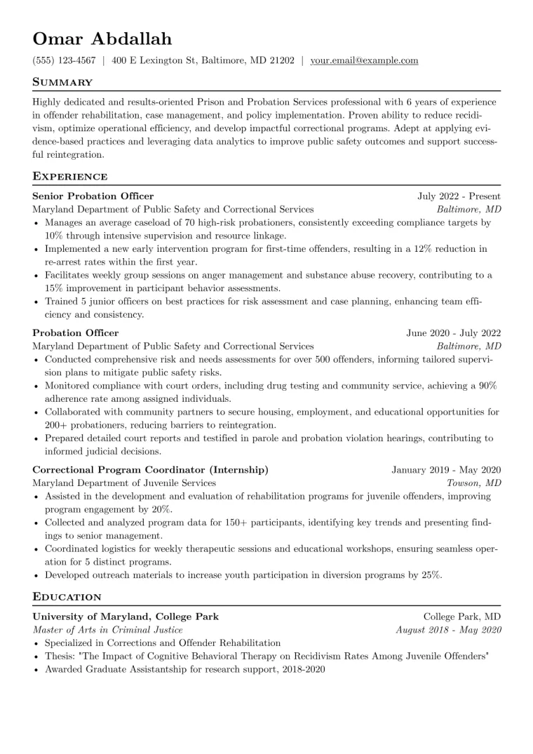 Prison and Probation Services Resume Example CV template preview