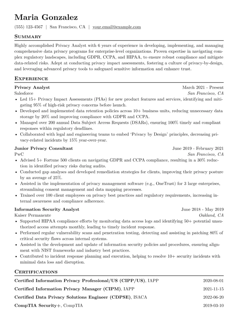 Privacy Analyst Resume Example CV template preview
