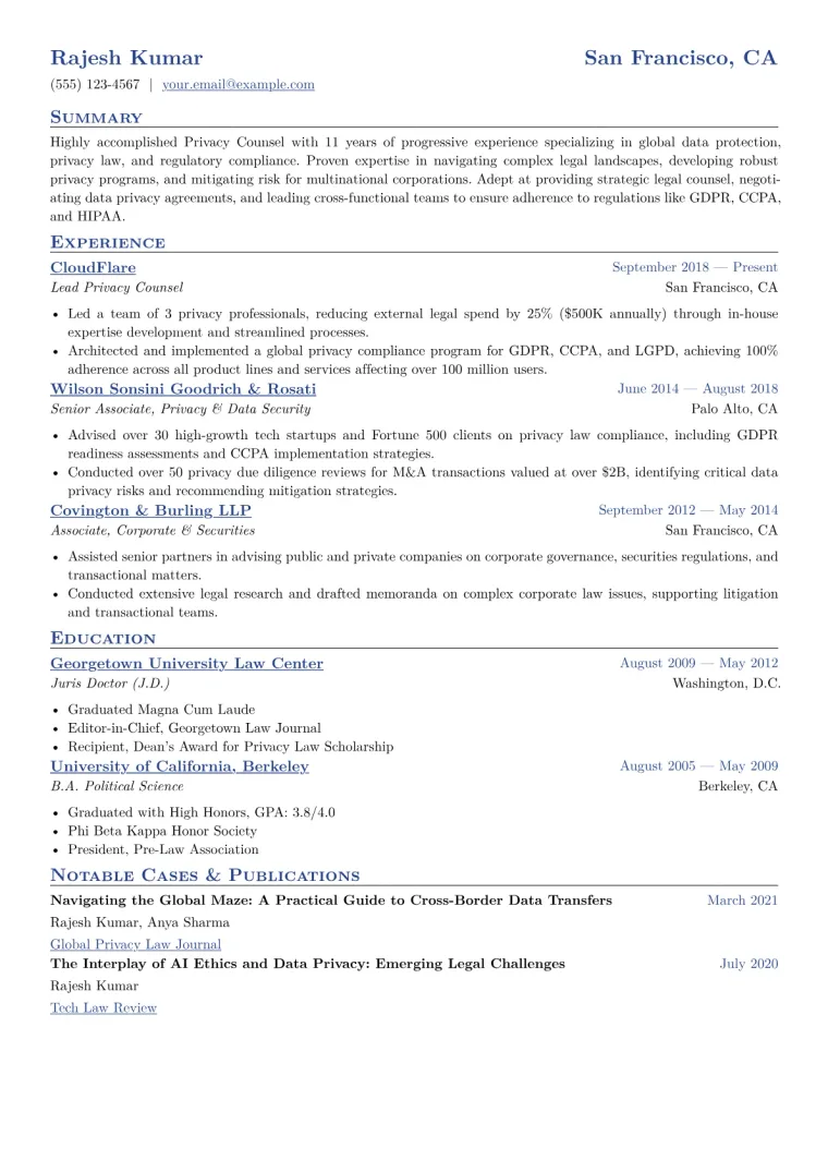 Privacy Counsel Resume Example CV template preview