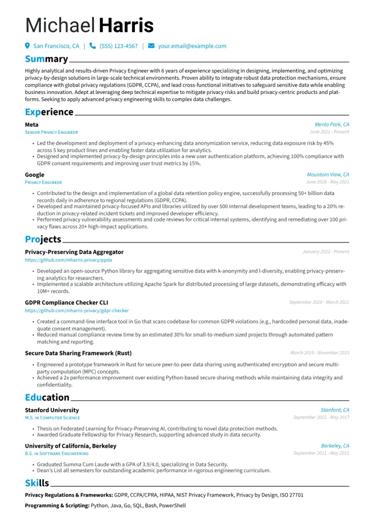 Privacy Engineer Resume Example CV template preview