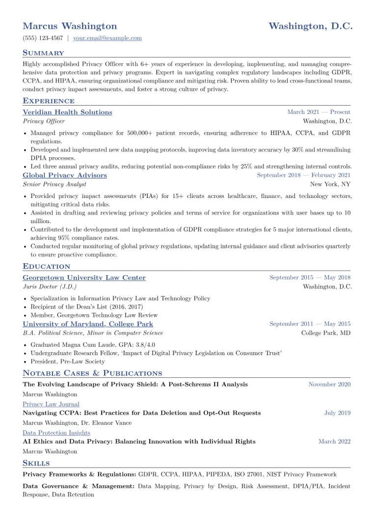 Privacy Officer Resume Example CV template preview