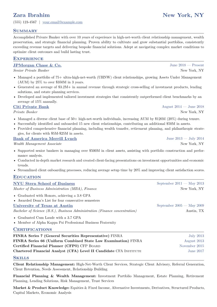 Private Banker Resume Example CV template preview