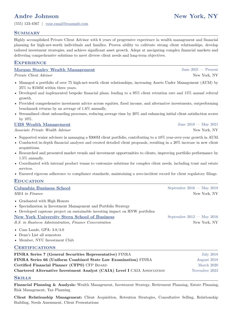 Private Client Advisor Resume Example CV template preview
