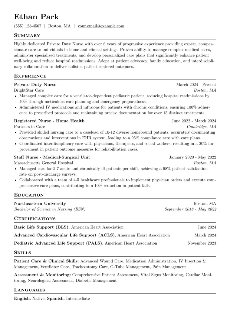 Private Duty Nurse Resume Example CV template preview