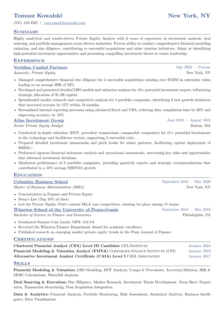 Private Equity Analyst Resume Example CV template preview