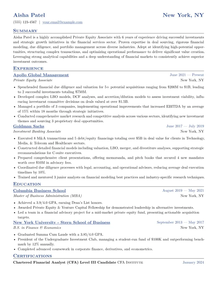 Private Equity Associate Resume Example CV template preview