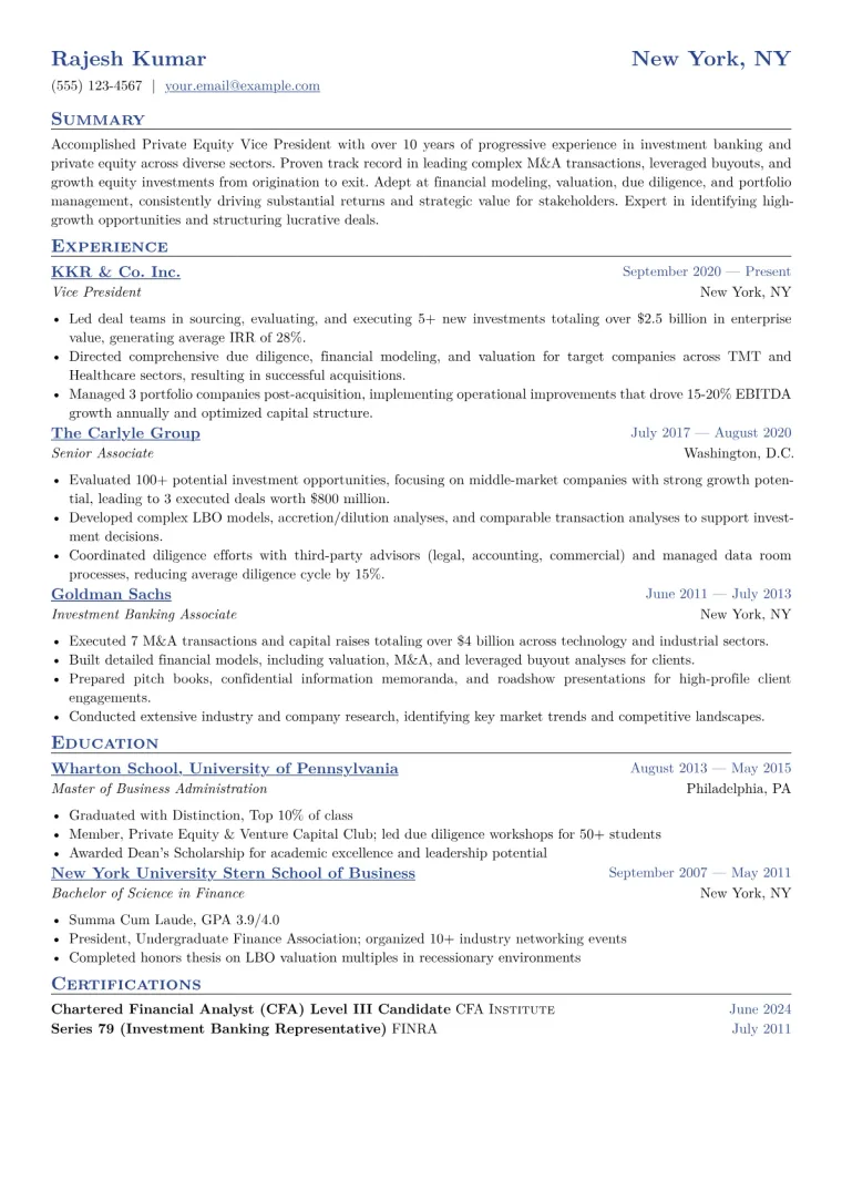 Private Equity VP Resume Example CV template preview