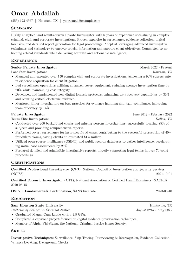 Private Investigator Resume Example CV template preview