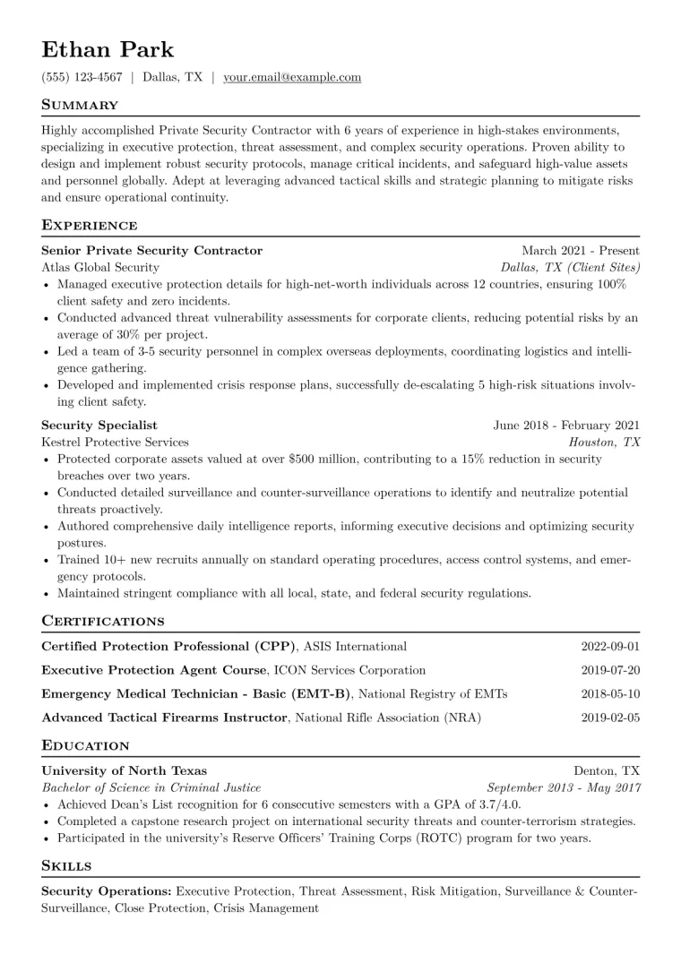 Private Security Contractor Resume Example CV template preview