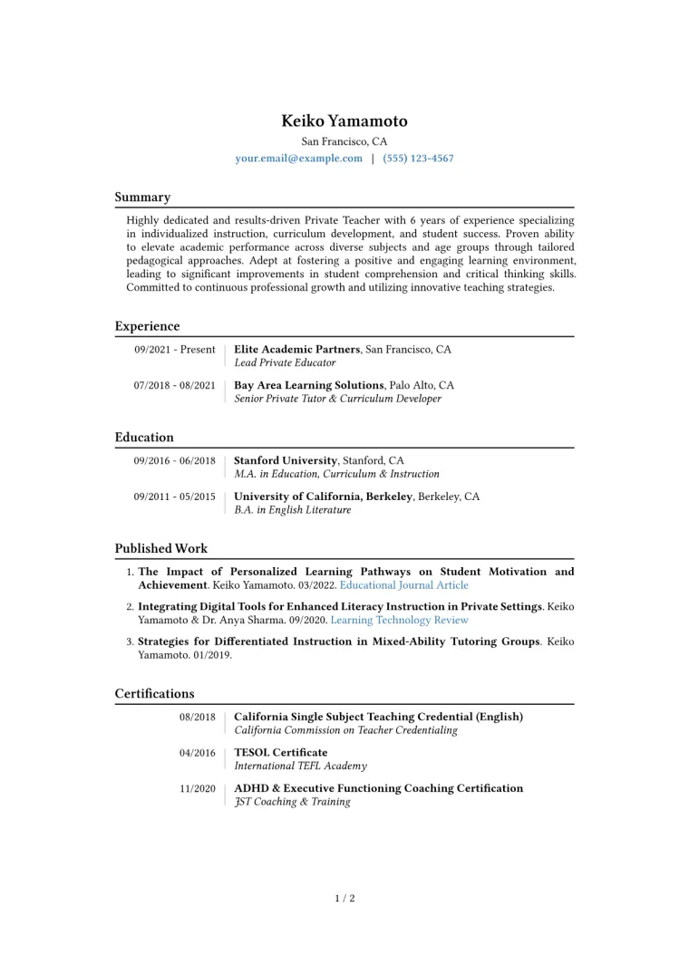 Private Teacher Resume Example CV template preview