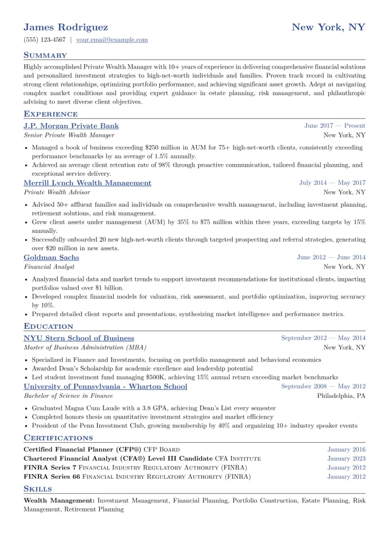 Private Wealth Manager Resume Example CV template preview