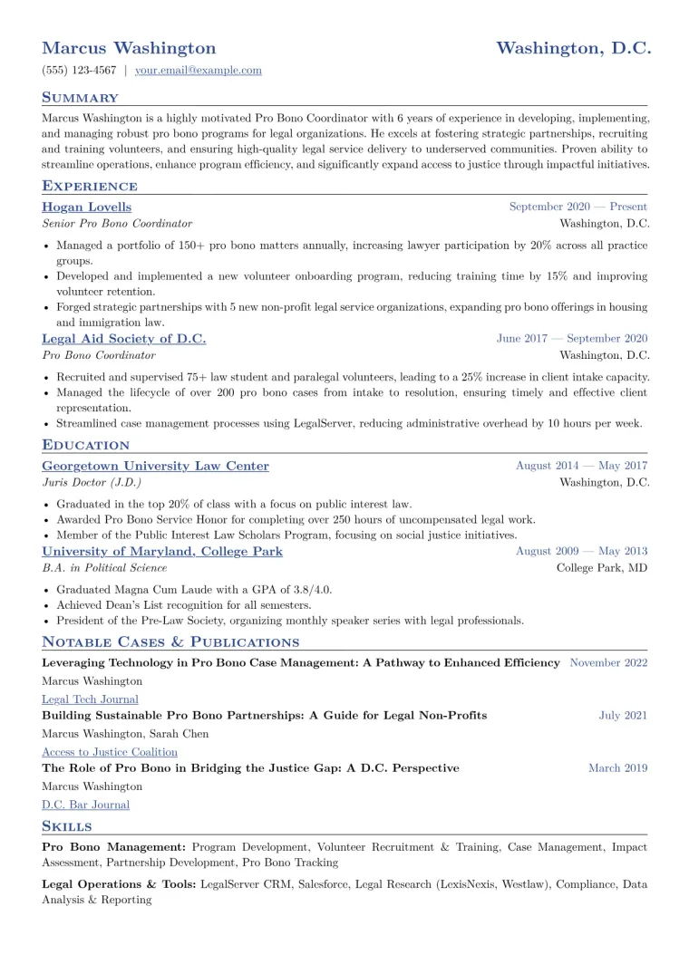 Pro Bono Coordinator Resume Example CV template preview