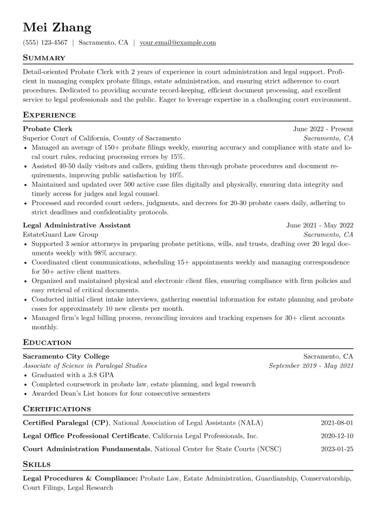 Probate Clerk Resume Example CV template preview