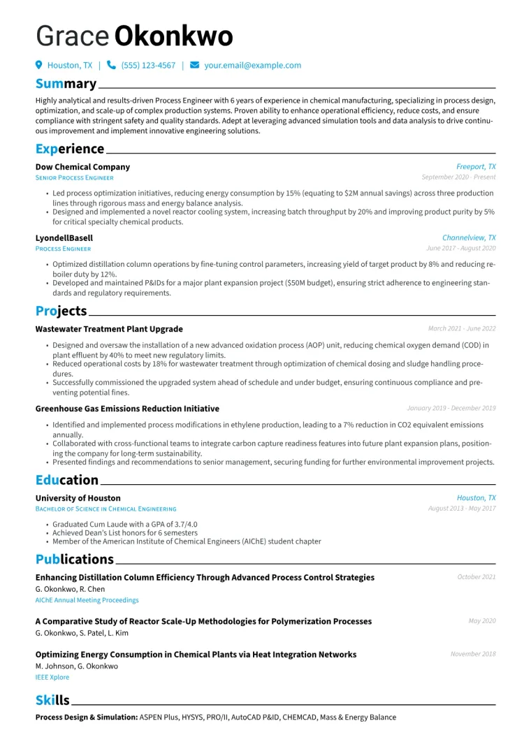 Process Engineer Resume Example CV template preview