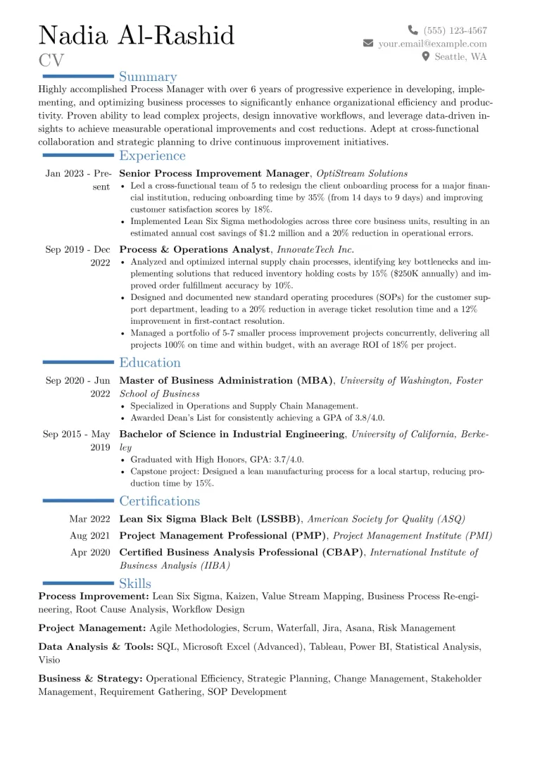 Process Manager Resume Example CV template preview
