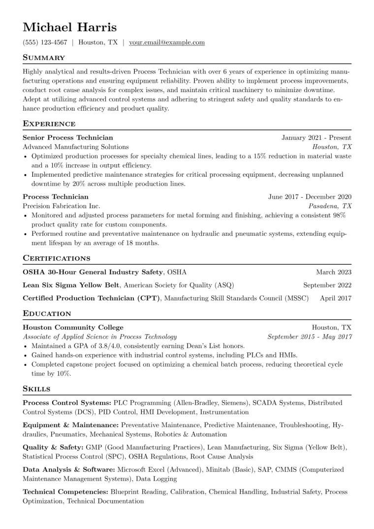 Process Technician Resume Example CV template preview