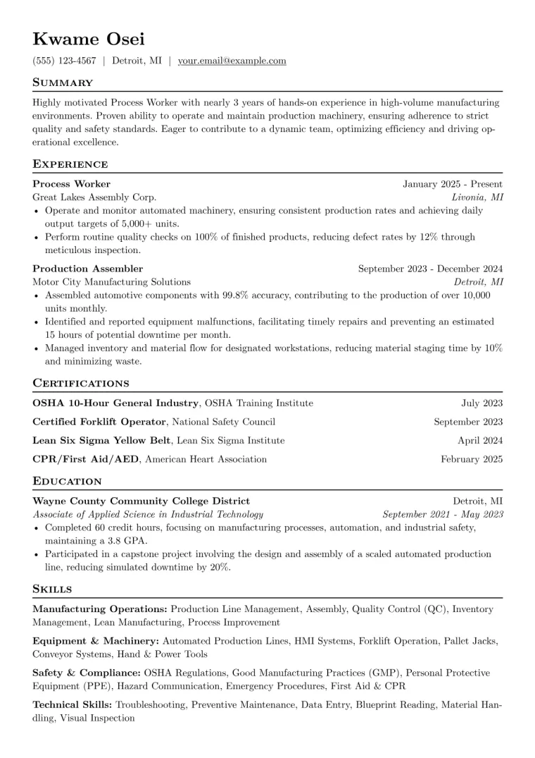 Process Worker Resume Example CV template preview