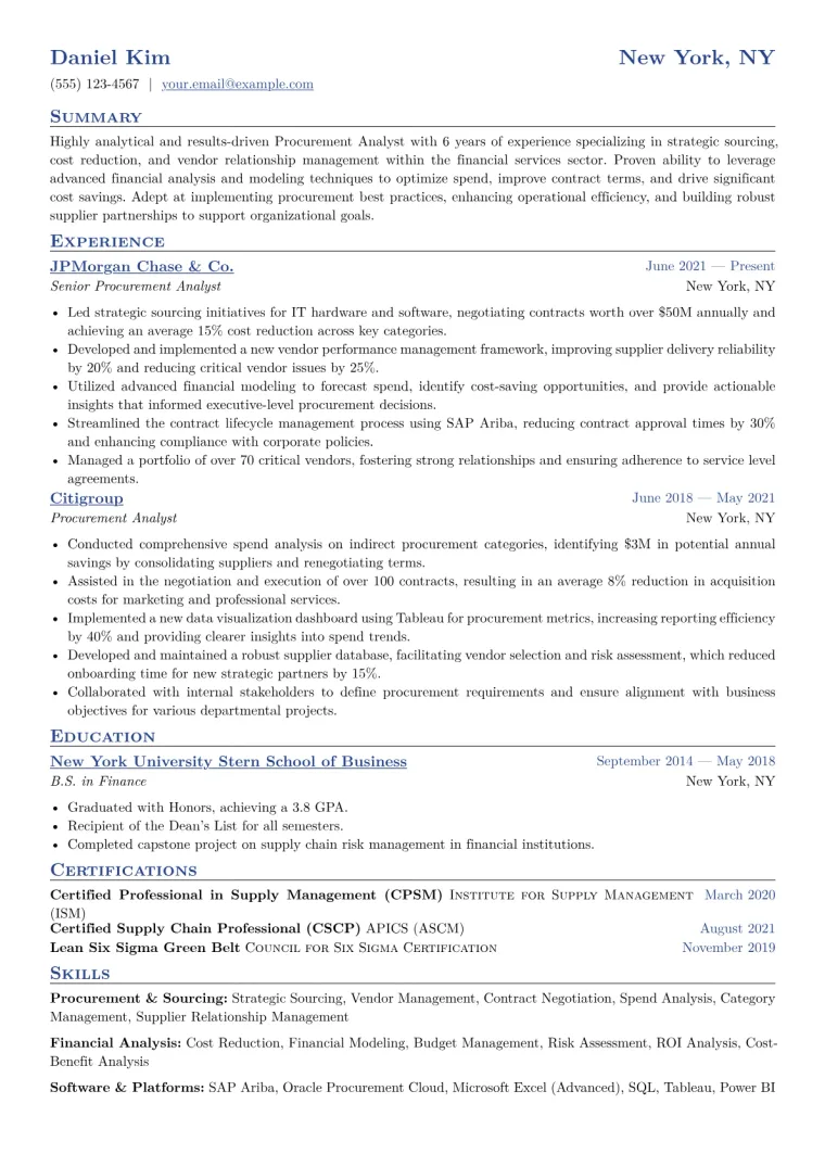 Procurement Analyst Resume Example CV template preview