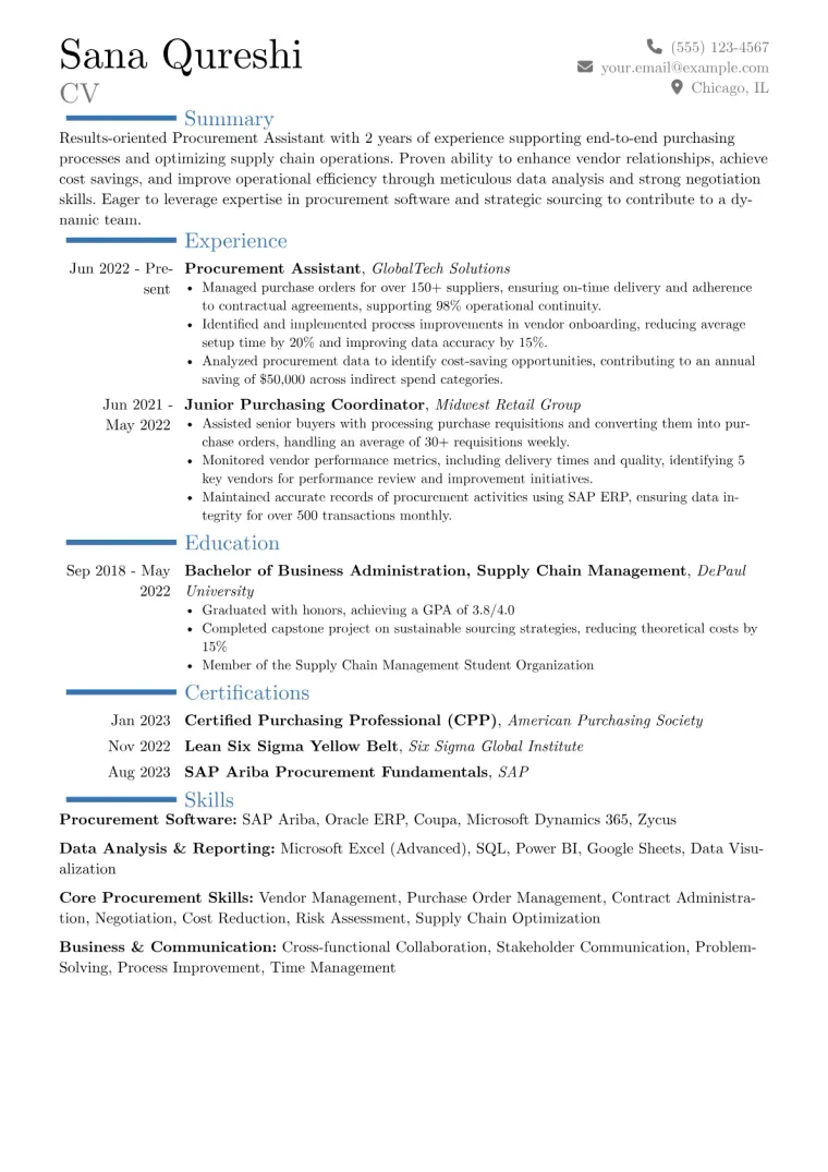 Procurement Assistant Resume Example CV template preview