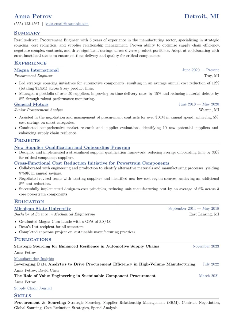 Procurement Engineer Resume Example CV template preview