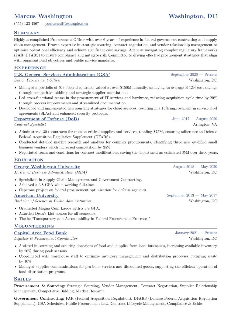 Procurement Officer Government Resume Example CV template preview