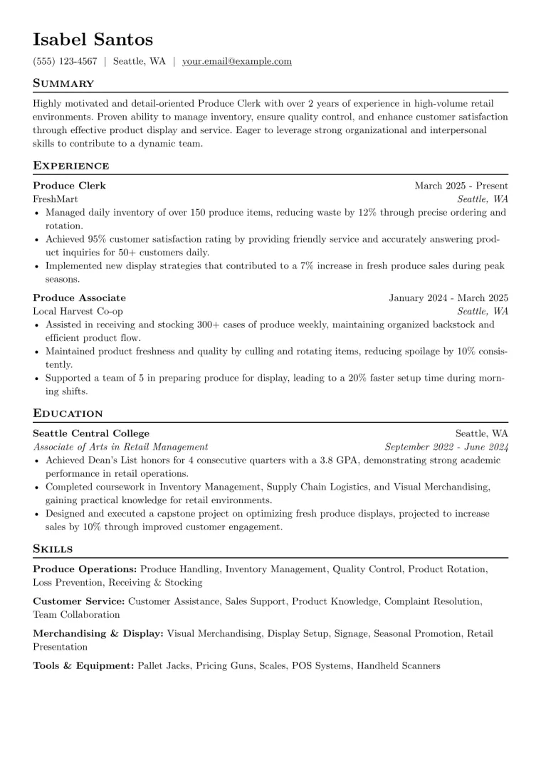 Produce Clerk Resume Example CV template preview