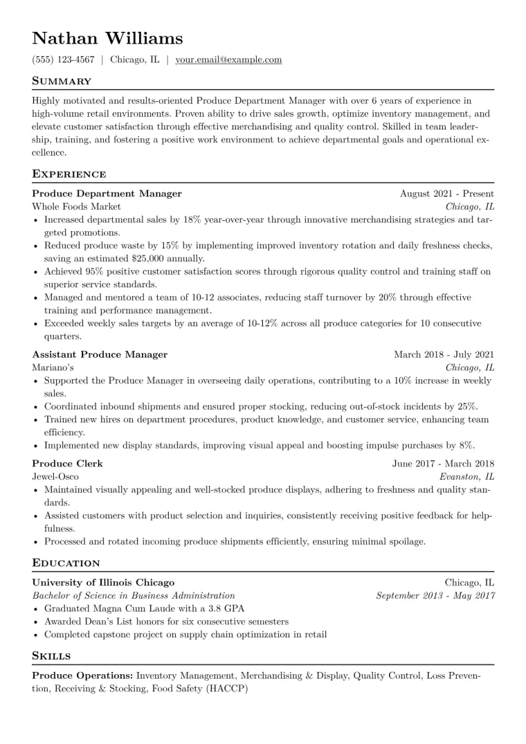 Produce Department Manager Resume Example CV template preview