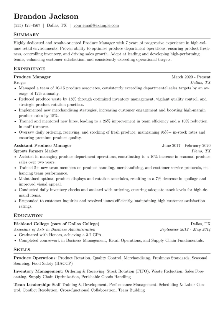 Produce Manager Resume Example CV template preview