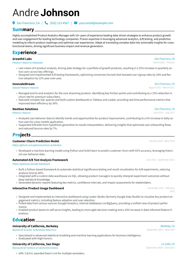 Product Analytics Manager Resume Example CV template preview