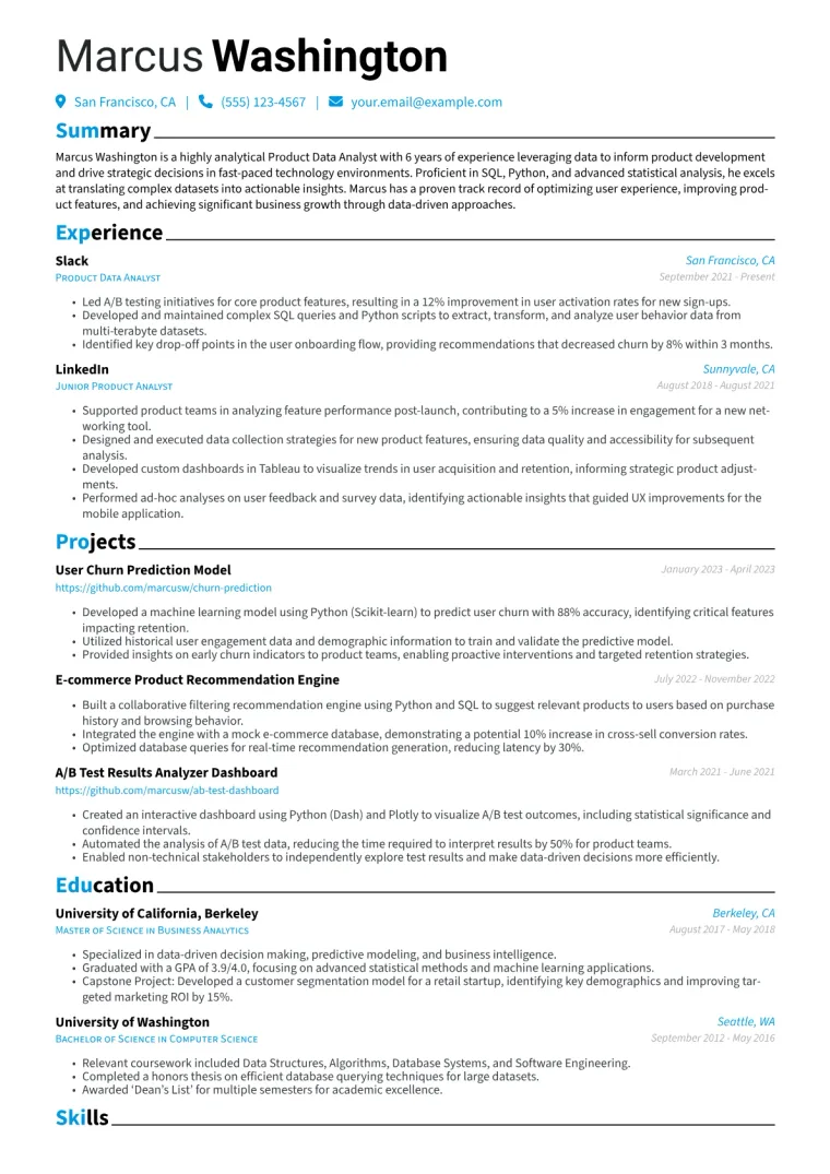 Product Data Analyst Resume Example CV template preview