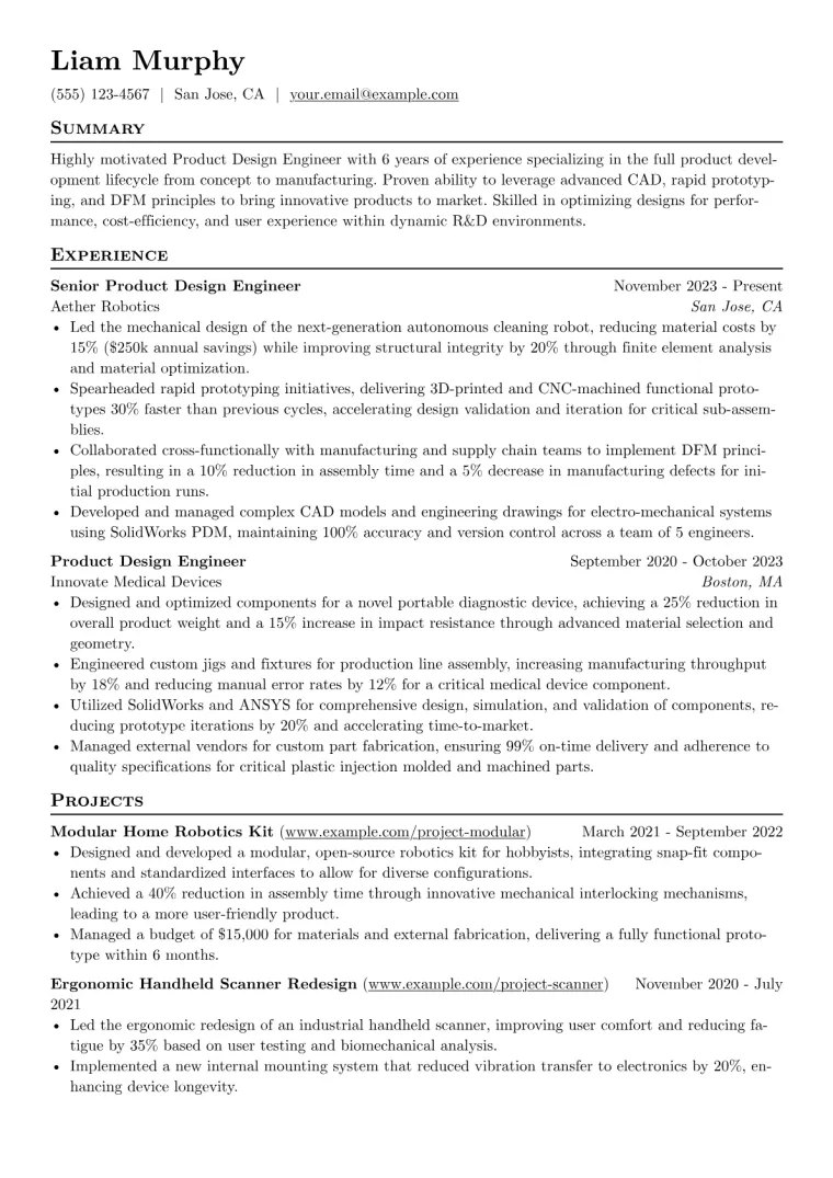 Product Design Engineer Resume Example CV template preview