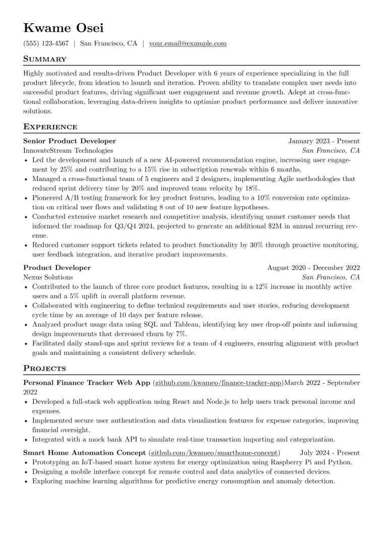 Product Developer Resume Example CV template preview