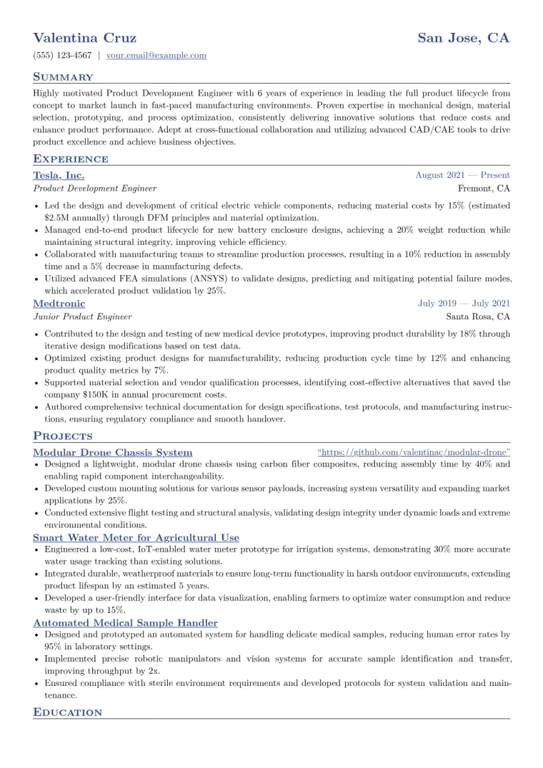Product Development Engineer Resume Example CV template preview