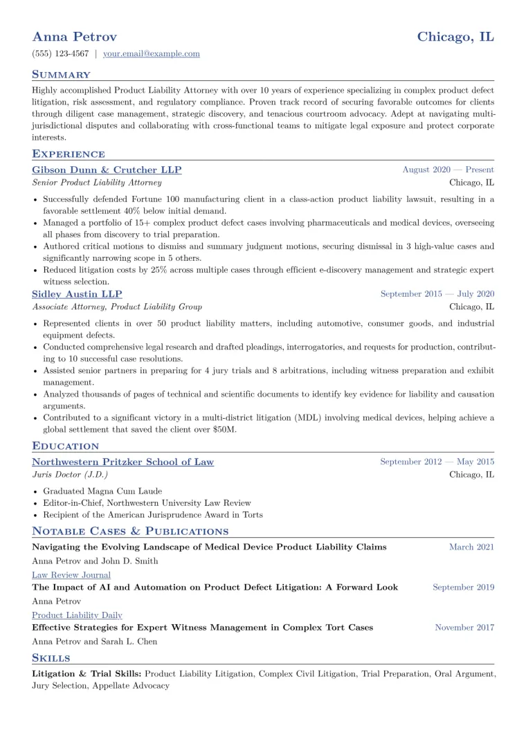Product Liability Attorney Resume Example CV template preview
