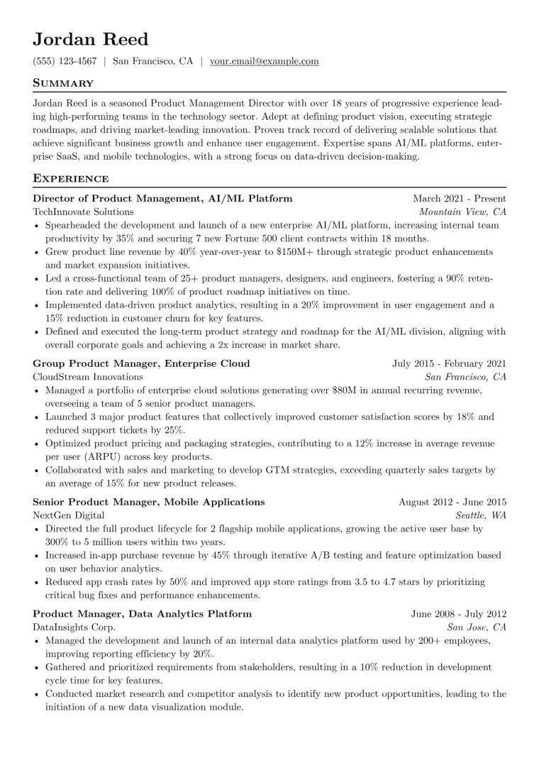 Product Management Director Resume Example CV template preview