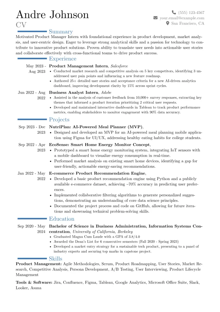 Product Manager Intern Resume Example CV template preview