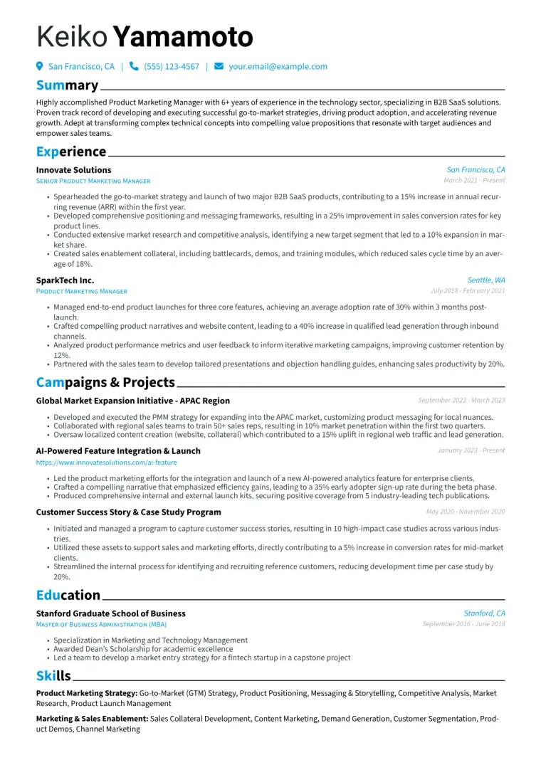 Product Marketing Manager Resume Example CV template preview