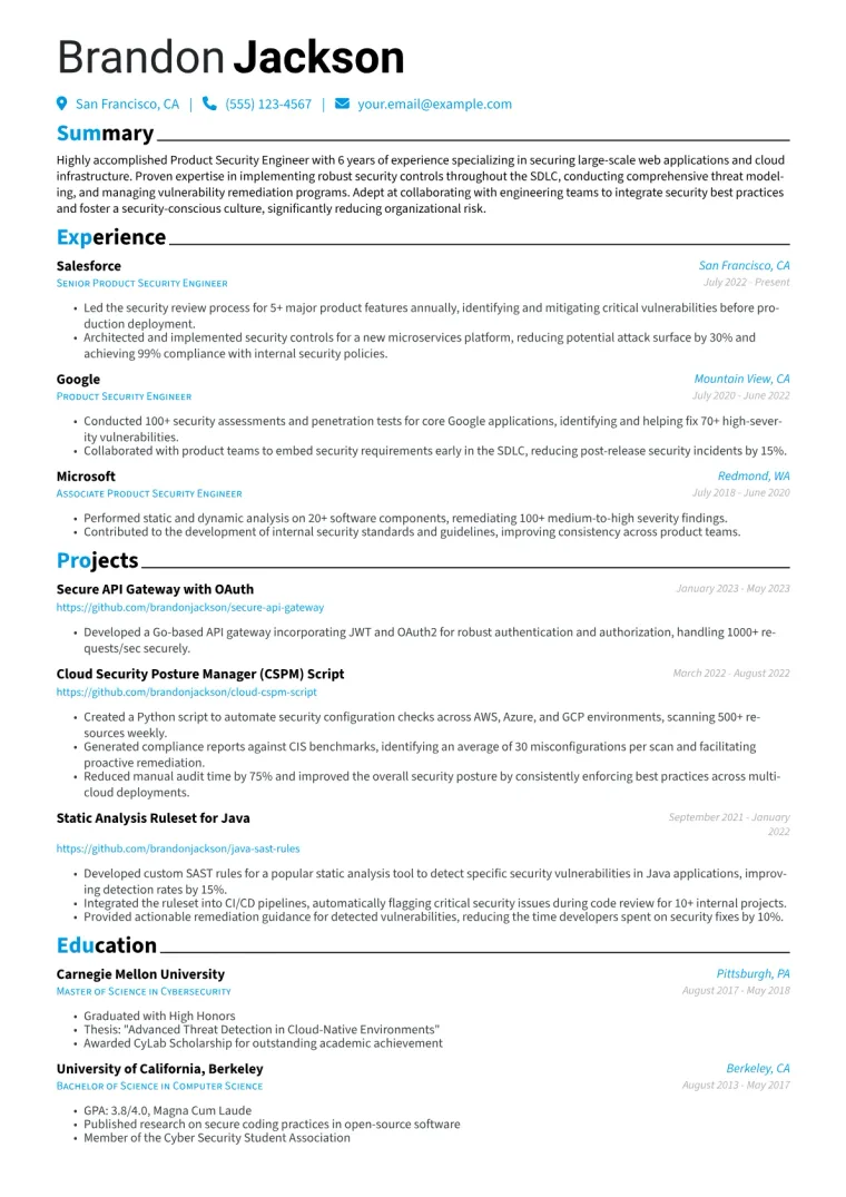 Product Security Engineer Resume Example CV template preview