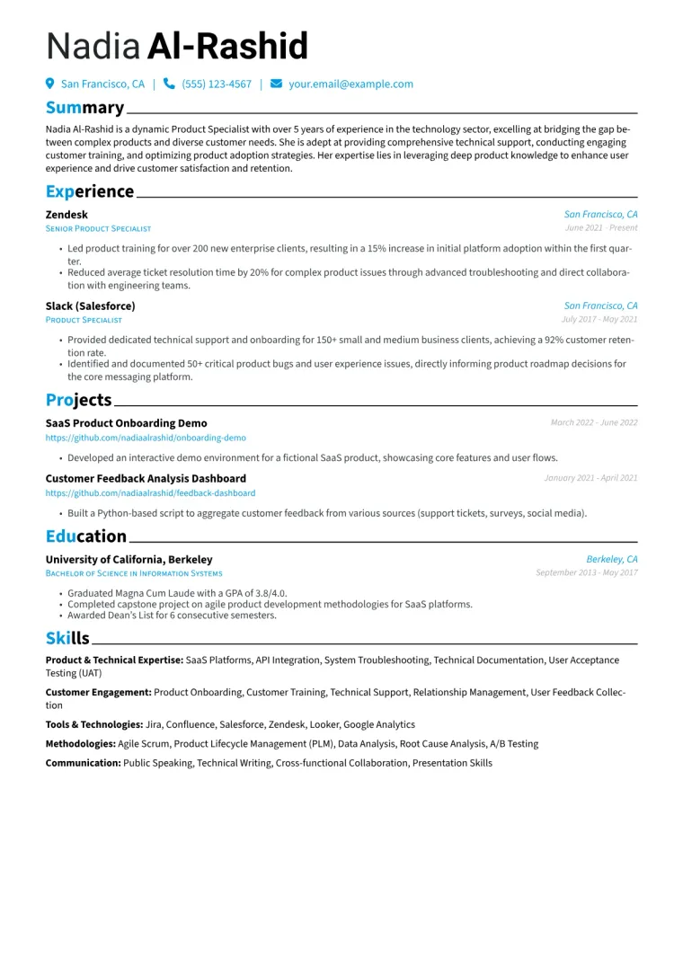 Product Specialist Resume Example CV template preview