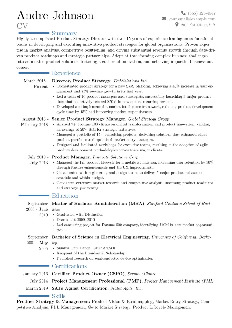 Product Strategy Director Resume Example CV template preview