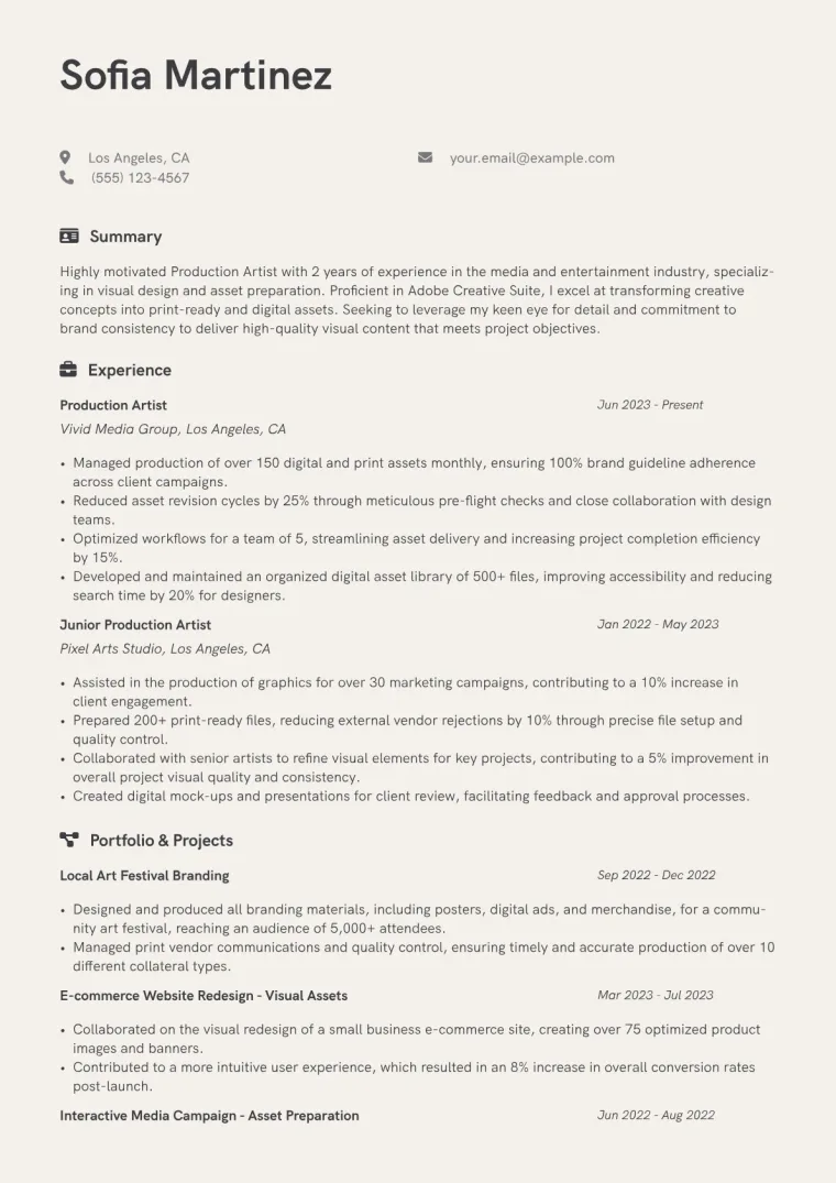 Production Artist Resume Example CV template preview