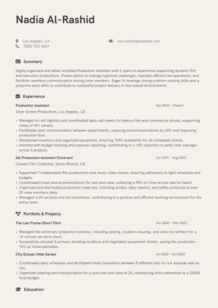 Production Assistant Film Resume Example CV template preview