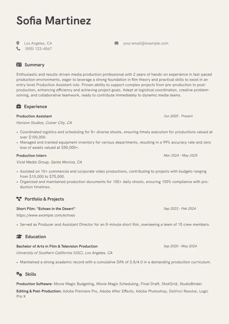 Production Assistant No Experience Resume Example CV template preview