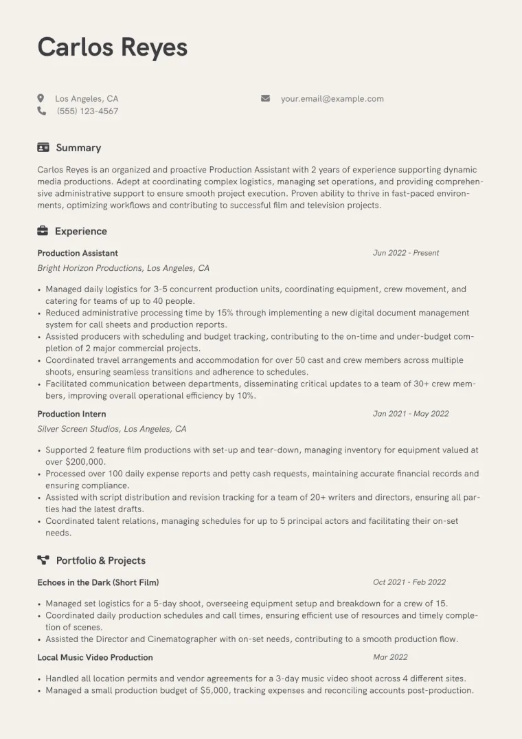 Production Assistant Resume Example CV template preview