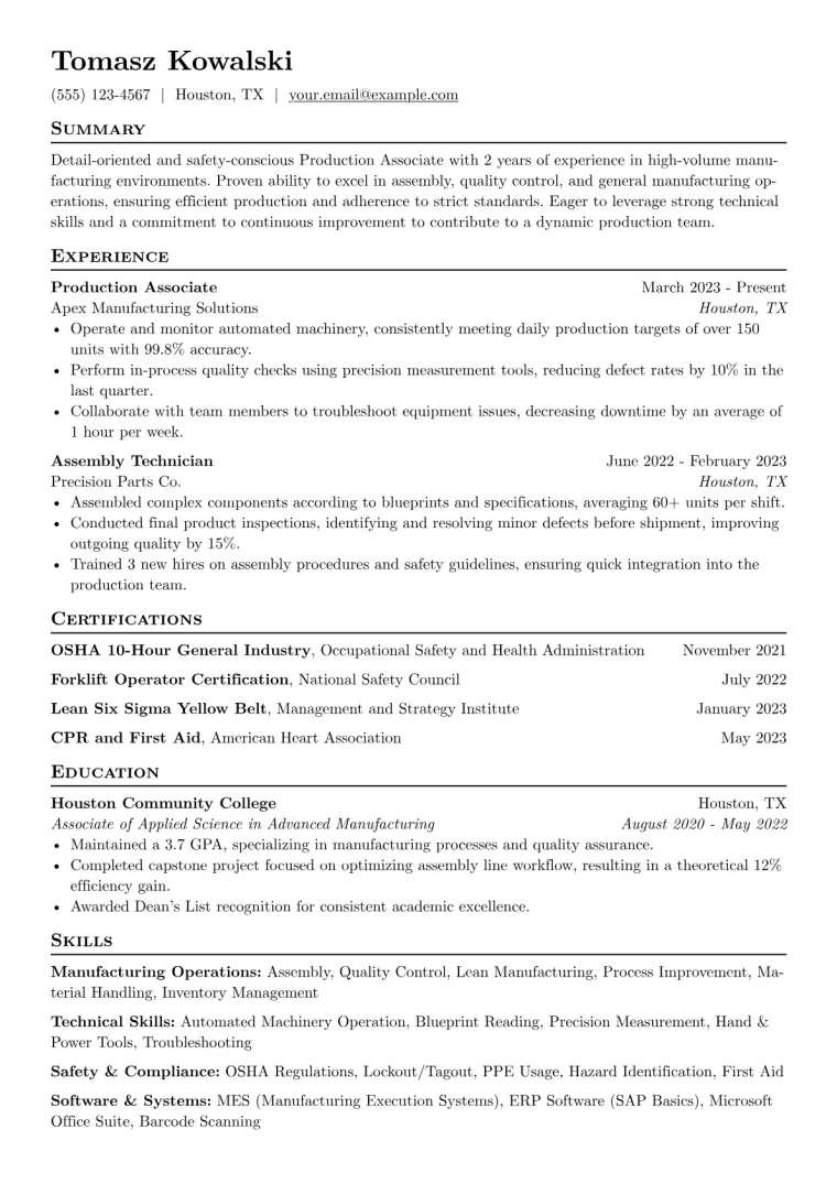 Production Associate Resume Example CV template preview