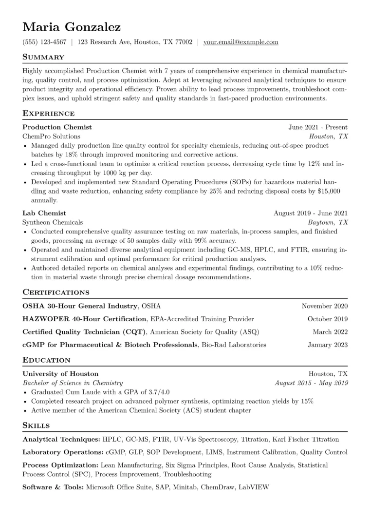 Production Chemist Resume Example CV template preview