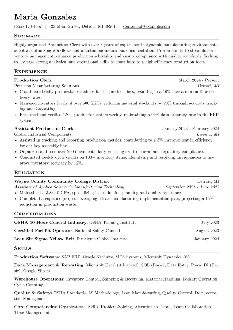 Production Clerk Resume Example CV template preview