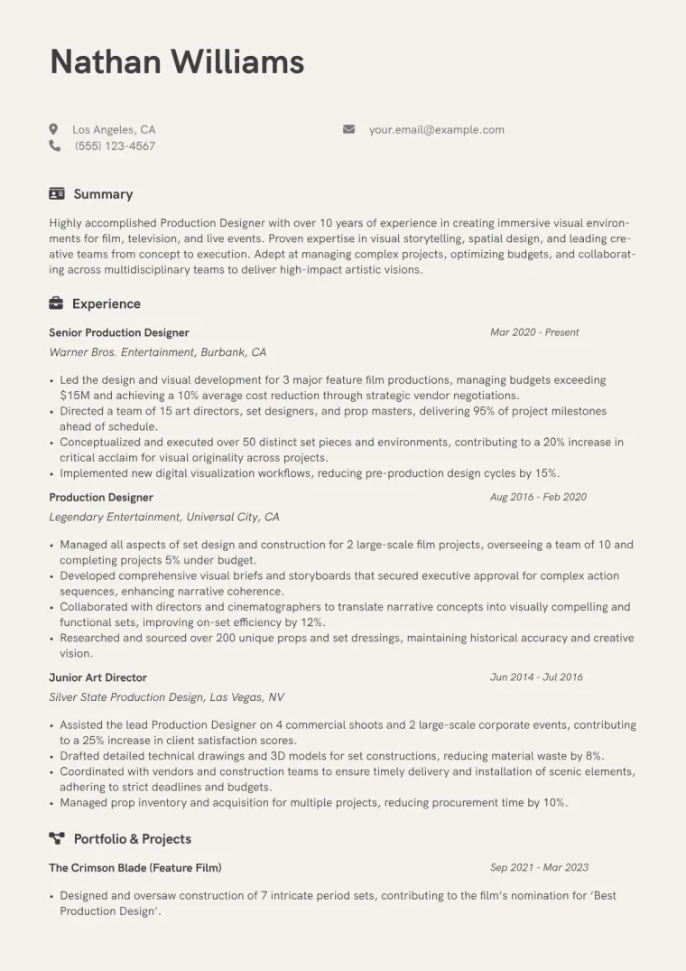 Production Designer Resume Example CV template preview
