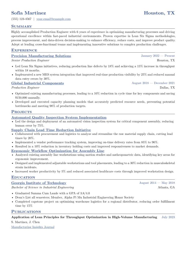 Production Engineer Resume Example CV template preview
