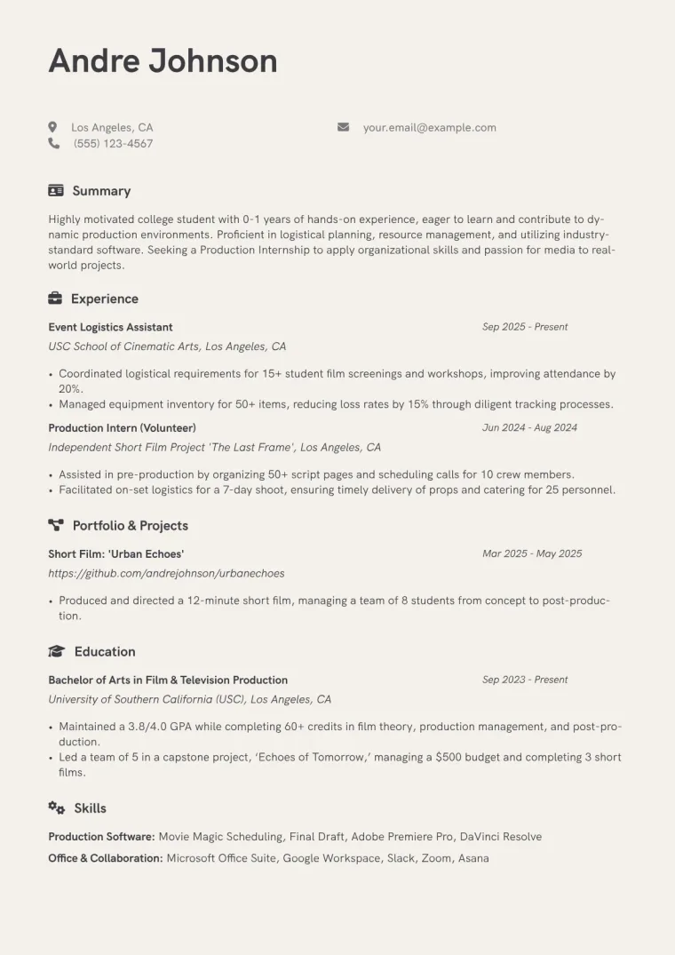 Production Intern Resume Example preview